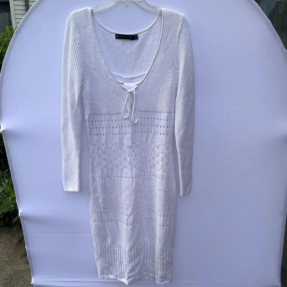 Fashion to Figure White Cotton Beachy Crochet Long Sleeve Fully Lined Midi Dress